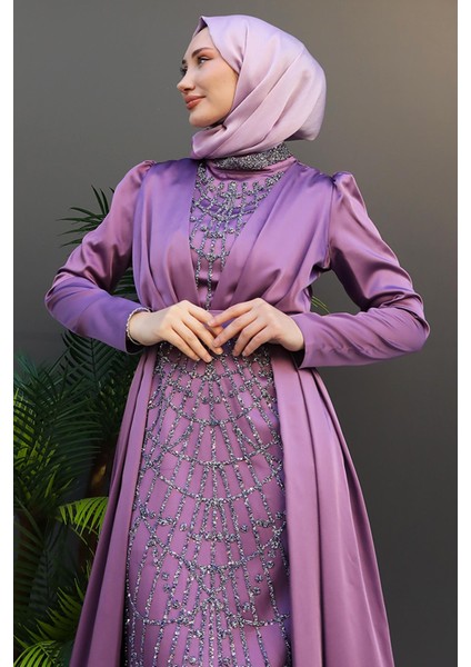 Işlemeli Pelerinli Abiye Lila indirimleri