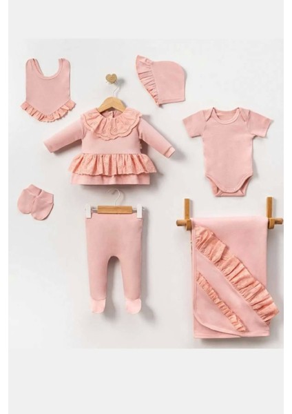 Dantel Yaka Yenidoğan Kız Bebek 7 Parça Battaniyeli Hastane Çıkışı Seti