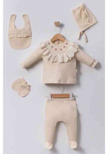 Lale Nakışlı Yenidoğan Kız Bebek 5 Parça Hastane Çıkışı Zıbın Seti