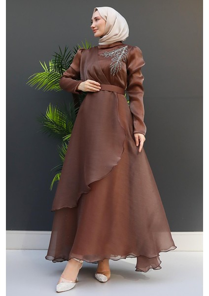 Taşlı Organze Abiye Fuşya