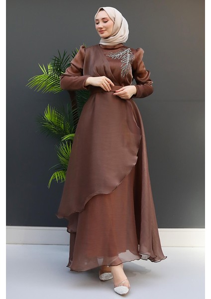 Taşlı Organze Abiye Fuşya