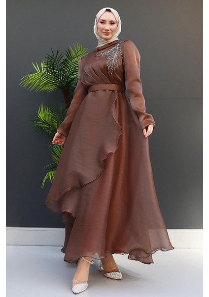 Taşlı Organze Abiye Fuşya