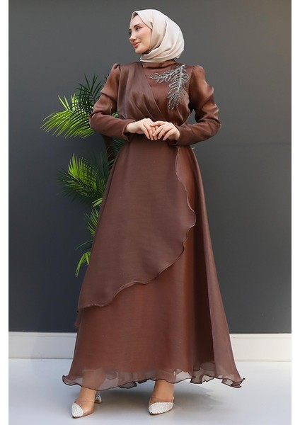 Taşlı Organze Abiye Fuşya