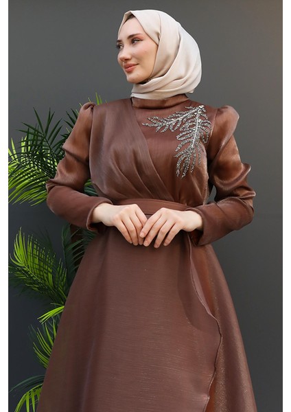 Taşlı Organze Abiye Fuşya