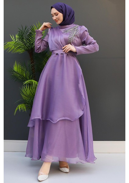 Taşlı Organze Abiye Fuşya