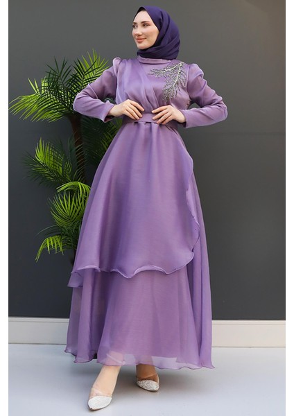 Taşlı Organze Abiye Fuşya
