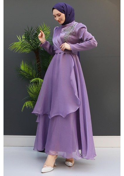 Taşlı Organze Abiye Fuşya