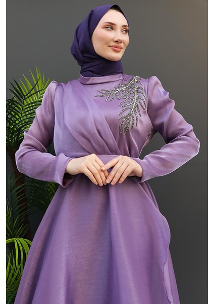 Taşlı Organze Abiye Fuşya