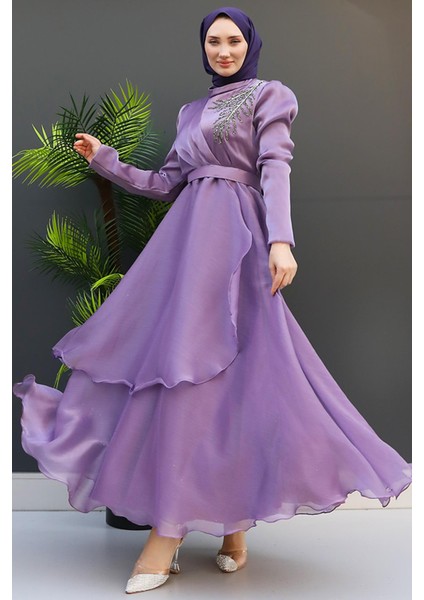 Taşlı Organze Abiye Açık Lila