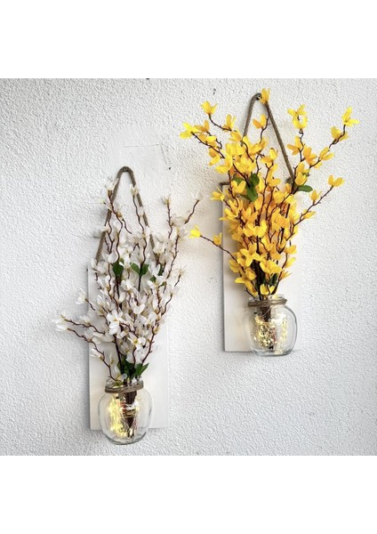 LED Işıklı, Sarı ve Beyaz Sakura Çiçekli Duvar Dekoru Beyaz Ikili Set