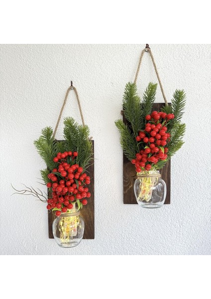 LED Işıklı, Kokina ve Çam Kozalak Çiçekli Duvar Dekoru Ceviz Ikili Set