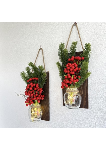 LED Işıklı, Kokina ve Çam Kozalak Çiçekli Duvar Dekoru Ceviz Ikili Set modelleri