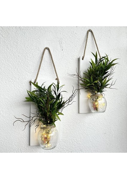 LED Işıklı, Yeşil Bitki Çiçekli Duvar Dekoru Beyaz Ikili Set