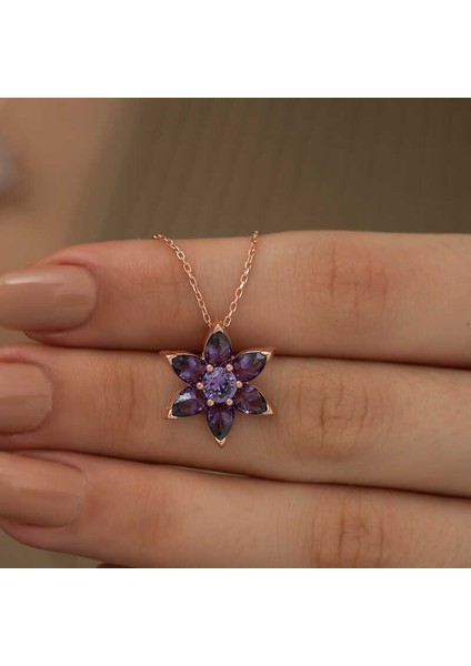 925 Ayar Gümüş Rose Mor Çiçek Kolye