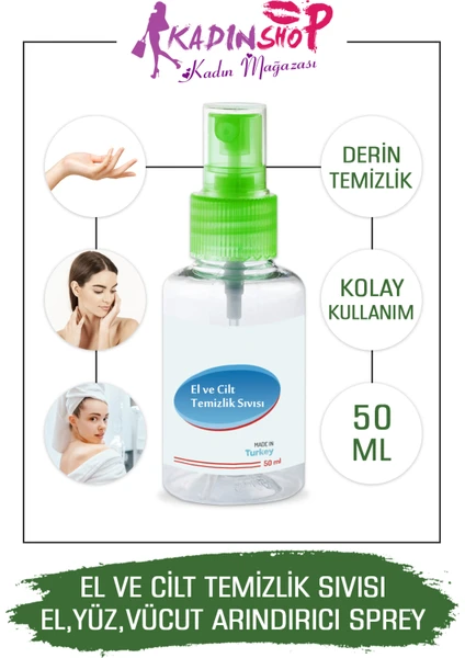 El Ve Cilt Temizlik Sıvısı El Yüz Vücut İçin Arındırıcı Dezenfekte Sprey 50 ml