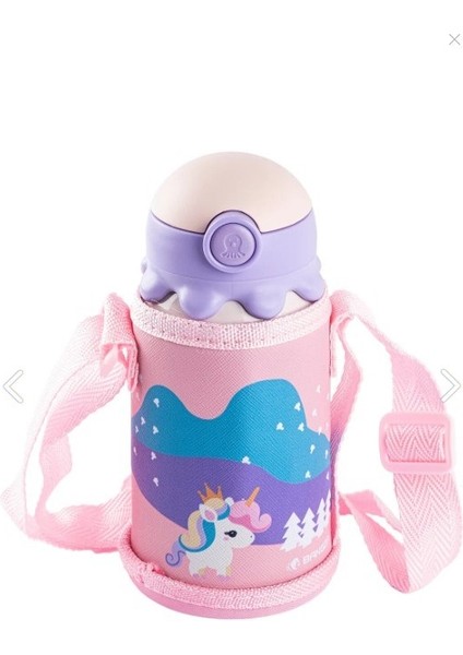 Unicorn Desenli Çantalı Paslanmaz Çelik Çocuk Termosu 350 ml Pembe