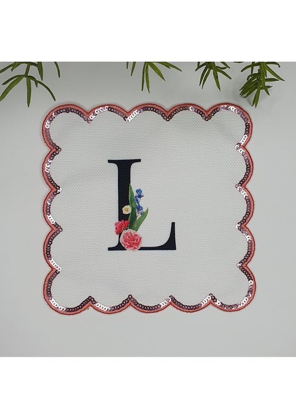 L Harfi Baskılı Kişiye Özel Pul Işlemeli Monogramlı Nakış Kenar Pullu Kokteyl Peçetesi 1 Adet