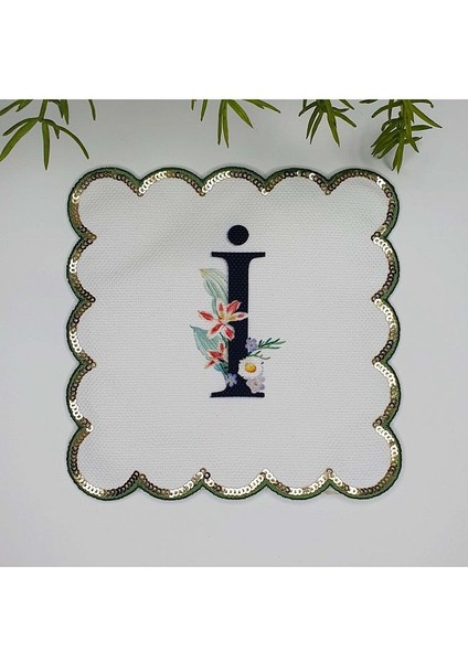 I Harfi Baskılı Kişiye Özel Pul Işlemeli Monogramlı Nakış Kenar Pullu Kokteyl Peçetesi 1 Adet
