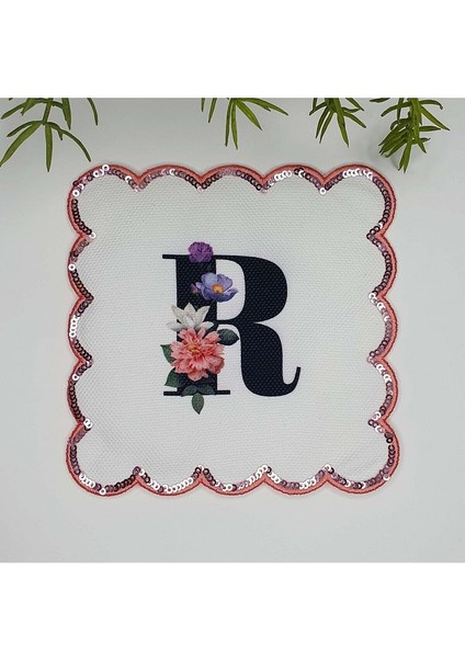 R Harfi Baskılı Kişiye Özel Pul Işlemeli Monogramlı Nakış Kenar Pullu Kokteyl Peçetesi 1 Adet