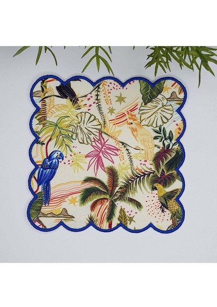 Sulu Boya Tropikal Manzara ve Papağan Tasarım Nakış Kenar Kokteyl Peçetesi 1 Adet
