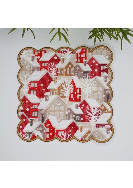 Elegant Evler Sıcak Kış Manzaralı Yılbaşı Konsept Nakış Kenar Kokteyl Peçetesi 1 Adet