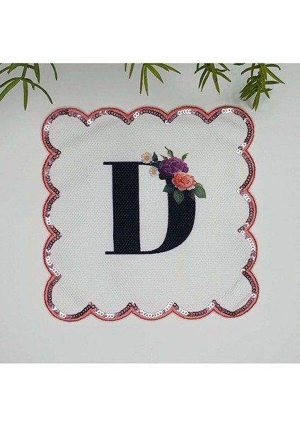 D Harfi Baskılı Kişiye Özel Pul Işlemeli Monogramlı Nakış Kenar Pullu Kokteyl Peçetesi 1 Adet