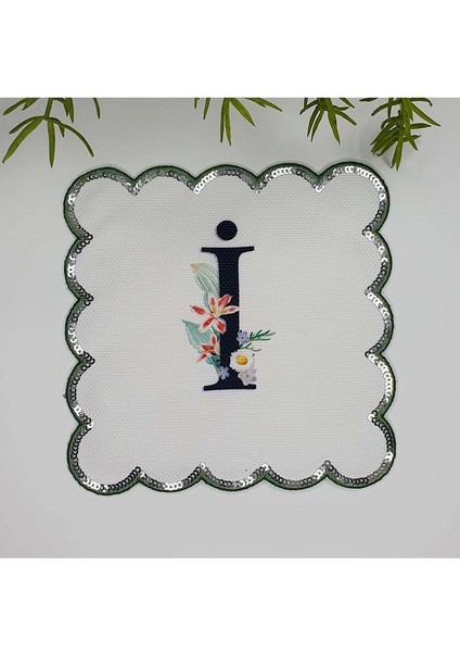 I Harfi Baskılı Kişiye Özel Pul Işlemeli Monogramlı Nakış Kenar Pullu Kokteyl Peçetesi 1 Adet