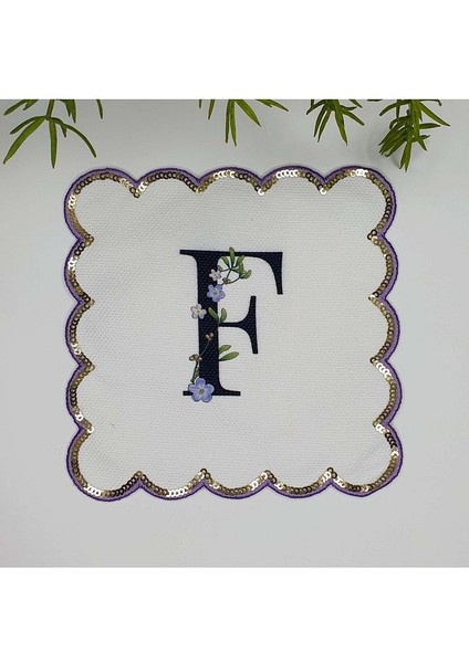 F Harfi Baskılı Kişiye Özel Pul Işlemeli Monogramlı Nakış Kenar Pullu Kokteyl Peçetesi 1 Adet