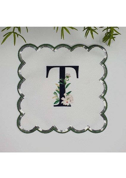 T Harfi Baskılı Kişiye Özel Pul Işlemeli Monogramlı Nakış Kenar Pullu Kokteyl Peçetesi 1 Adet