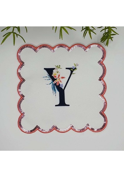 Y Harfi Baskılı Kişiye Özel Pul Işlemeli Monogramlı Nakış Kenar Pullu Kokteyl Peçetesi 1 Adet