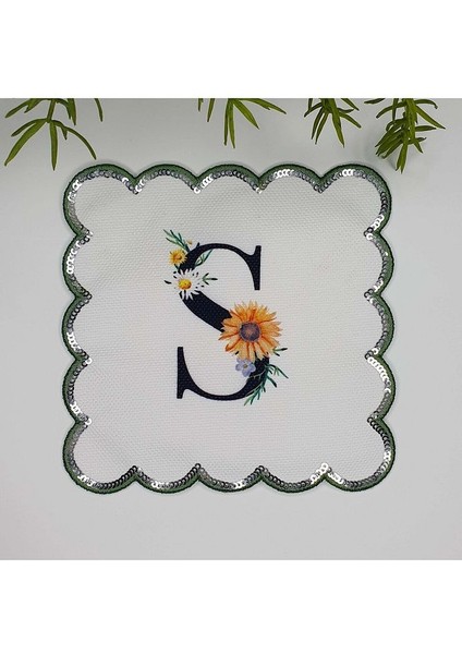 S Harfi Baskılı Kişiye Özel Pul Işlemeli Monogramlı Nakış Kenar Pullu Kokteyl Peçetesi 1 Adet