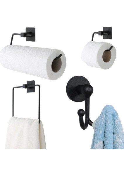4 Adet Wc Kağıt Tutucu Kare Havlu Tutucu Bornoz Askılık ve Solo Havlu Tutucu Et