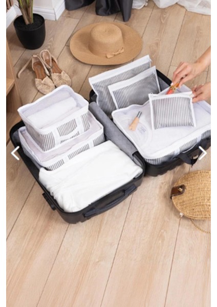 Çizgili Bavul Organizer Valiz Düzenleyici 6 Parça Çamaşır Düzenleyici Organizer Hurç