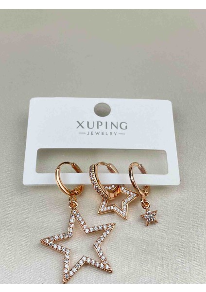 Gold Rengi Çelik 3 Lü Yıldızlı Küpe Seti
