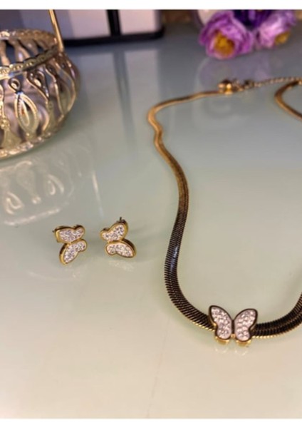 Kadın Kelebek Detaylı Kolye Küpe Çelik Set