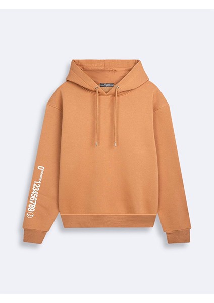 Kolu Baskılı Kapüşonlu Camel Sweatshırt