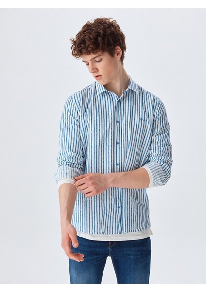 Erkek Keten Görünümlü Çizgili Regular Uzun Kollu Krem Gömlek fiyatları