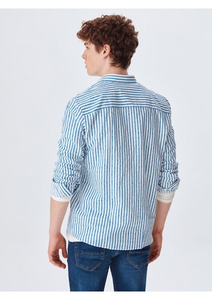 Erkek Keten Görünümlü Çizgili Regular Uzun Kollu Krem Gömlek modelleri