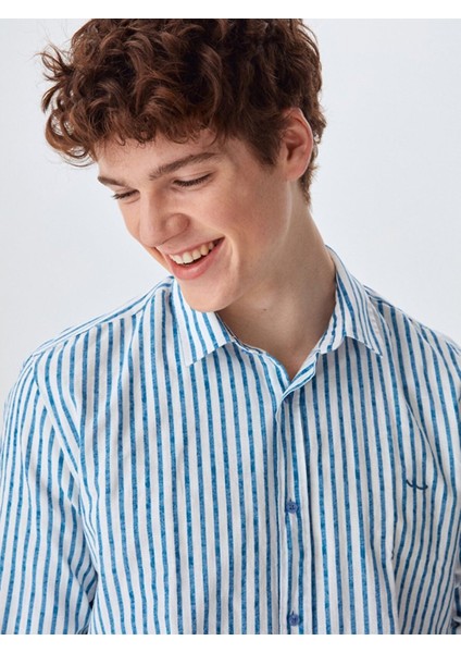 Erkek Keten Görünümlü Çizgili Regular Uzun Kollu Krem Gömlek fırsatları