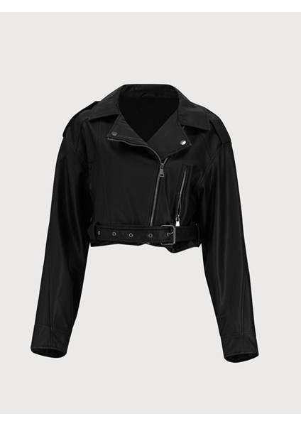 Kadın Soluk Efektli Küba Yaka Fermuarlı Siyah Ceket