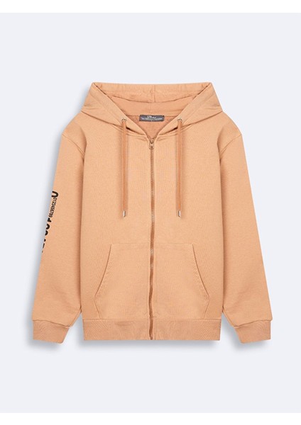 Kolu Baskılı Kapüşonlu Fermuarlı Camel Sweatshırt