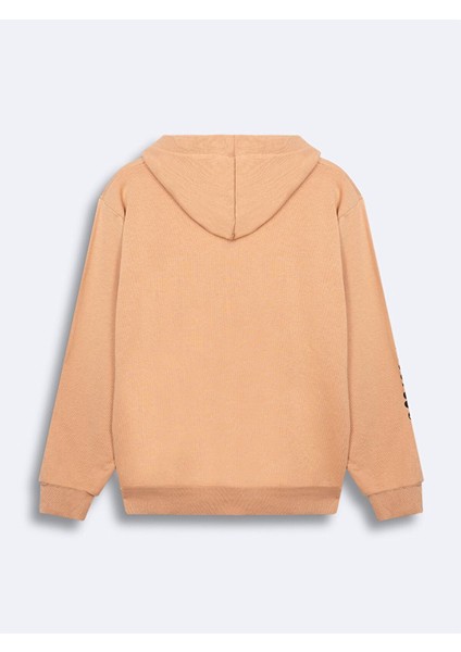 Kolu Baskılı Kapüşonlu Fermuarlı Camel Sweatshırt