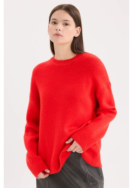 Oversize Geniş Kalıp Bisiklet Yaka Basic Düz Kırmızı Triko Kazak D9518AX24WN