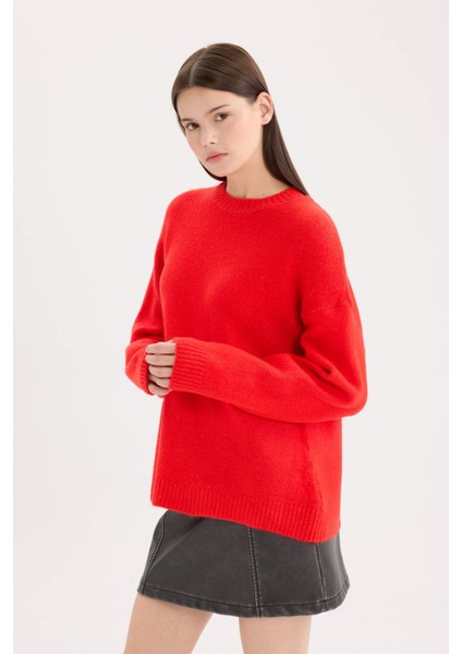 Oversize Geniş Kalıp Bisiklet Yaka Basic Düz Kırmızı Triko Kazak D9518AX24WN