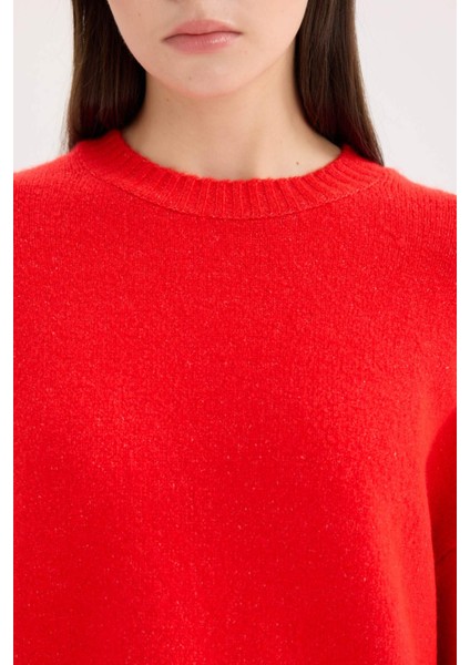 Oversize Geniş Kalıp Bisiklet Yaka Basic Düz Kırmızı Triko Kazak D9518AX24WN