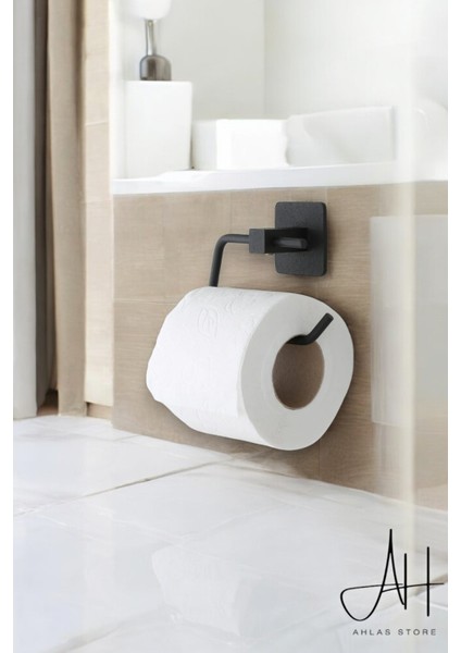 Yapışkanlı 3'lü Set Siyah Fön Makinesi Askısı Uzun Havlu Askısı Wc Tuvalet Kağıtlık Banyo Seti