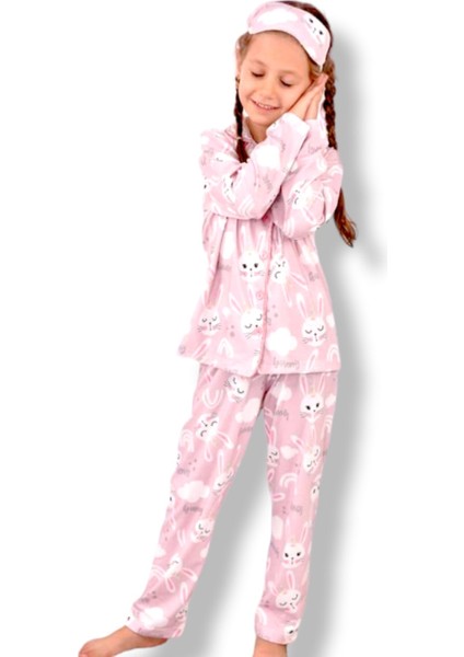 Kız Çocuk Soft Renk Desenli Pijama Takımı Yeni Sezon Son Moda Uyku - Göz Bandı Dahil
