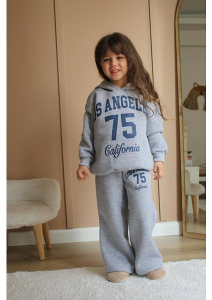 Yeni Sezon Kız Çocuk Gri Mavi Renk Slogan Yazı California Los Angeles 75 Trend Pamuklu Eşofman Takımı
