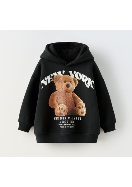 Kız Çocuk Yeni Sezon New York Yazı Teddy Bear Sevimli Ayıcık Baskılı Siyah Renk 3 Iplik Iç Şardonlu / Pamuklu Kapüşonlıu Swearshirt