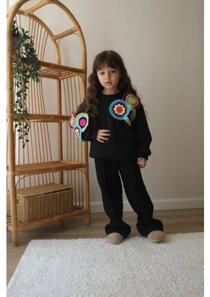 Yeni Sezon Yumuşacık 3 Iplik Polarlı Motif Nakış Işlemeli Siyah Renk Sweatshirt - Eşofman Alt Üst Takım